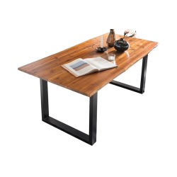 Akacijų medienos masyvo stalas, su metalinėmis kojomis, natūralaus medžio briaunomis