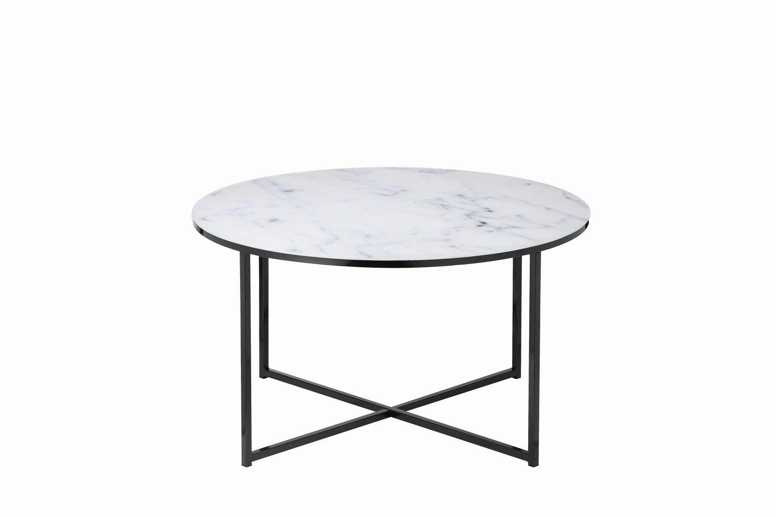 baltas žurnalinis staliukas, su stikliniu marmuro imitacijos stalviršiumi, juodomis metalinėmis spalvos kojelėmis