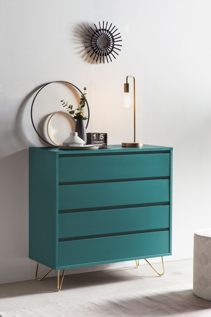 Modernaus dizaino komoda, skandinaviško stiliaus, turkio spalvos