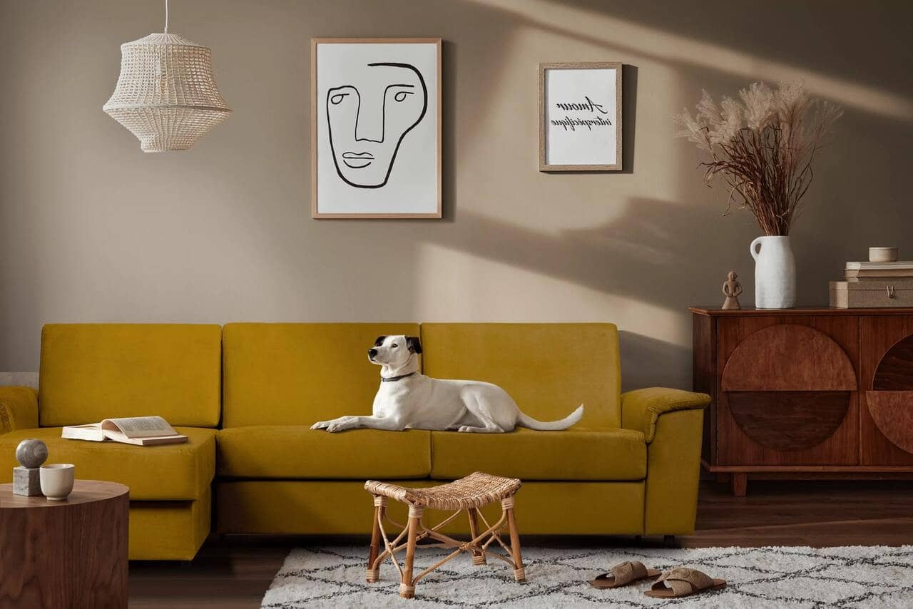 Minkštas kampas ALOP, geltonas, kairinis/dešininis, 292x185x98 cm