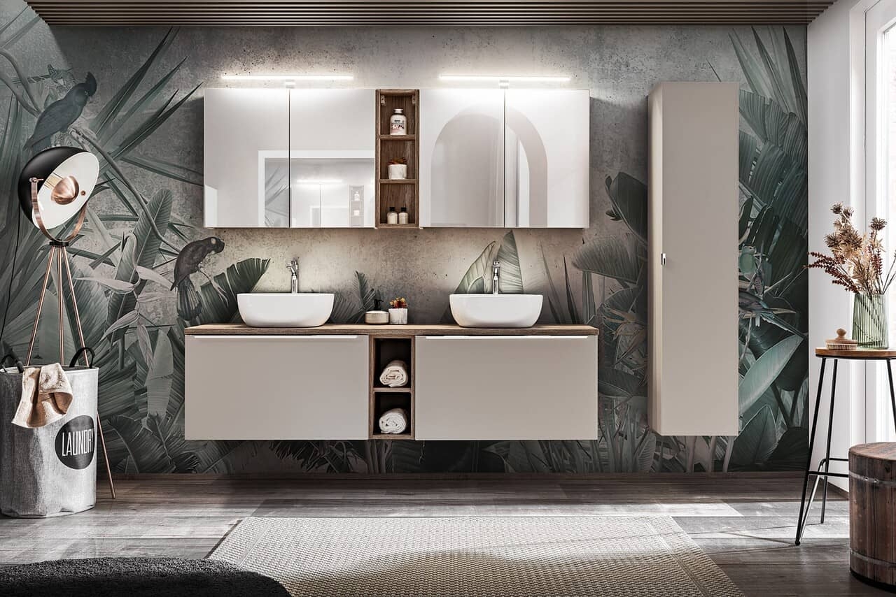 Pakabinama vonios spintelė su praustuvais 828D SANTA TAUPE