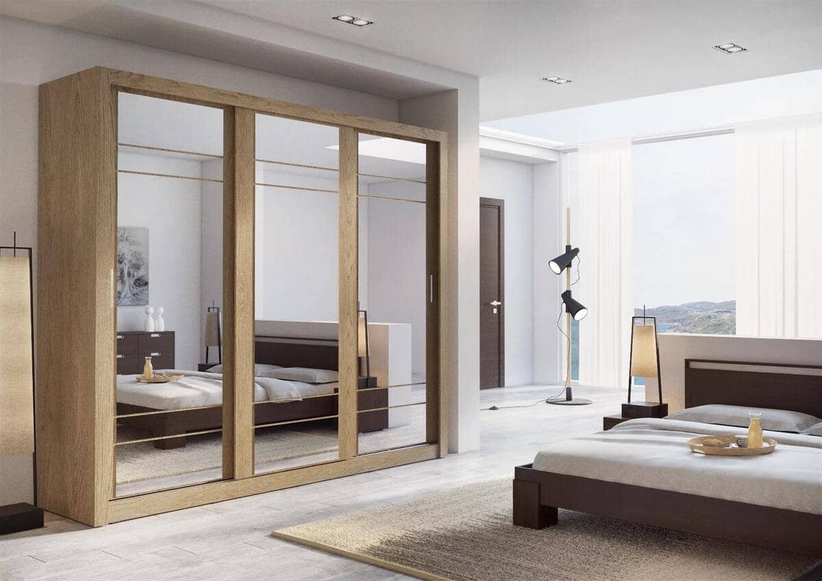 Trijų durų spinta su veidrodžiais APER, ąžuolo, 250x60x215 cm