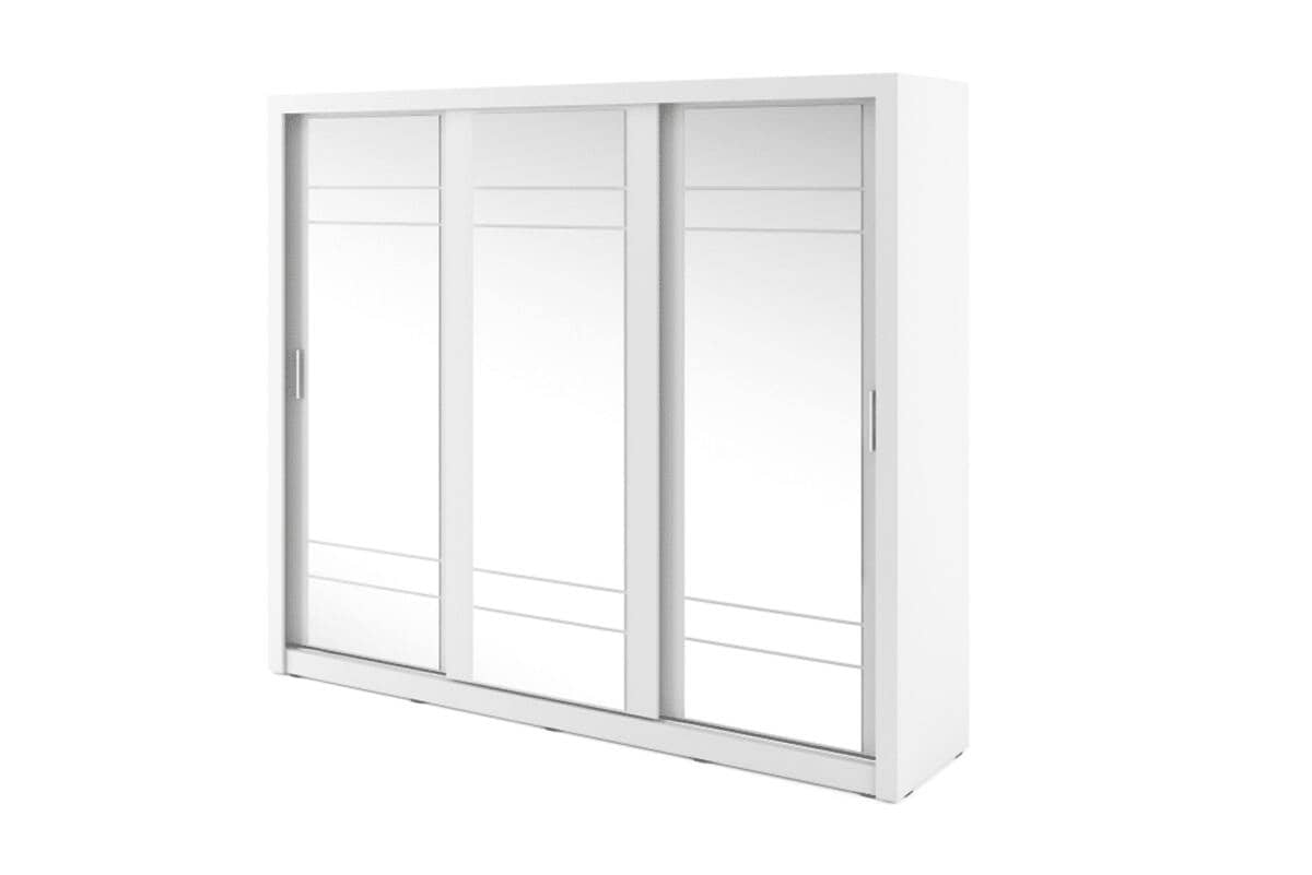 Trijų durų spinta su veidrodžiais APER, balta, 250x60x215 cm