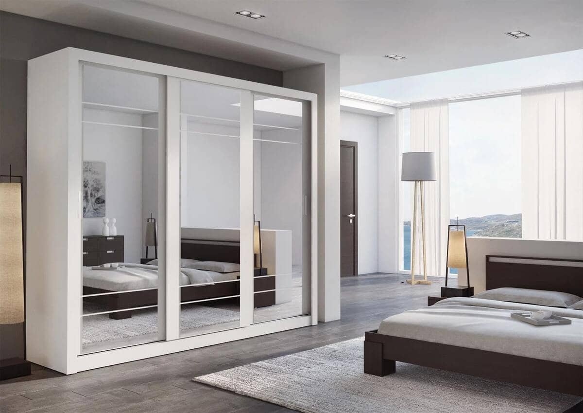 Trijų durų spinta su veidrodžiais APER, balta, 250x60x215 cm