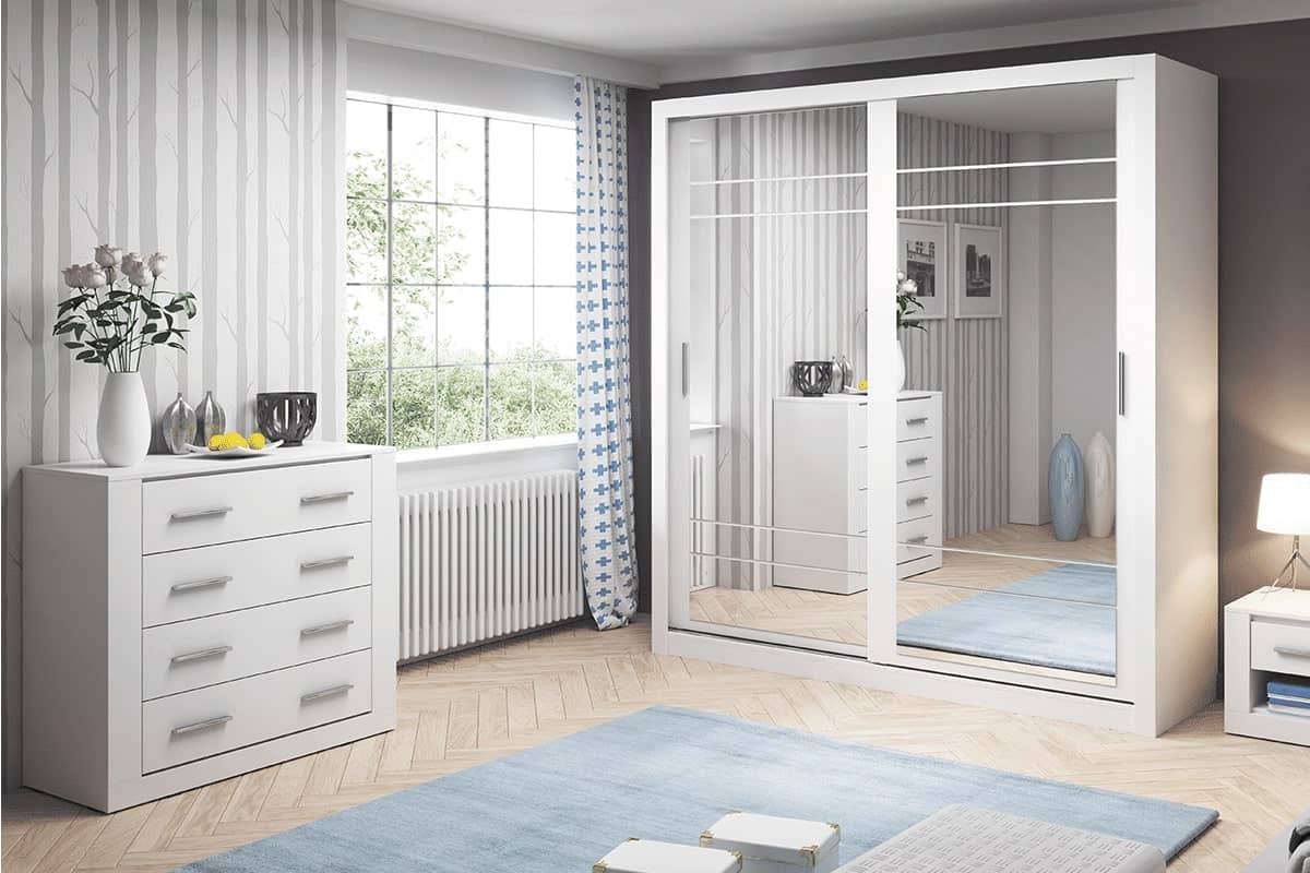 Dviejų durų spinta su veidrodžiais APER, balta, 203x60x215 cm