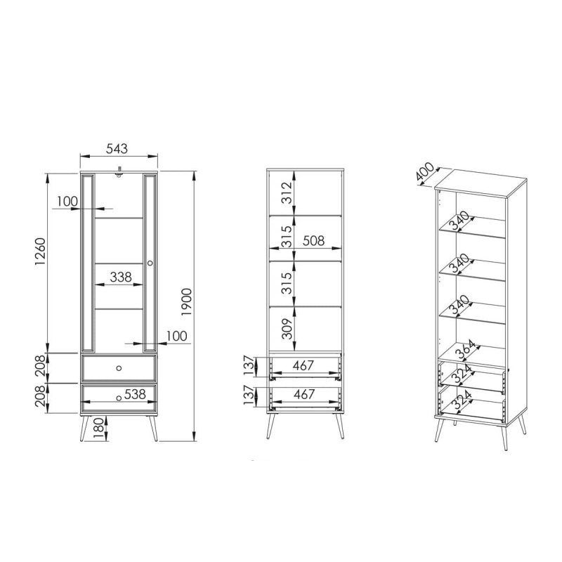 Siaura vitrina ISOR, 55x40x190 cm