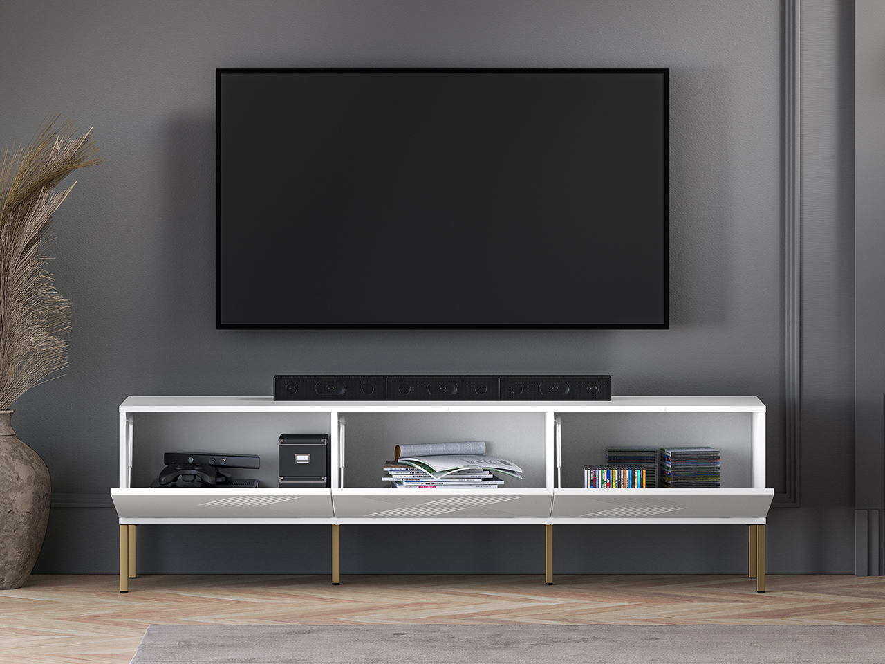 TV spintelė CLARI, aukso kojelės, 170x37x50 cm