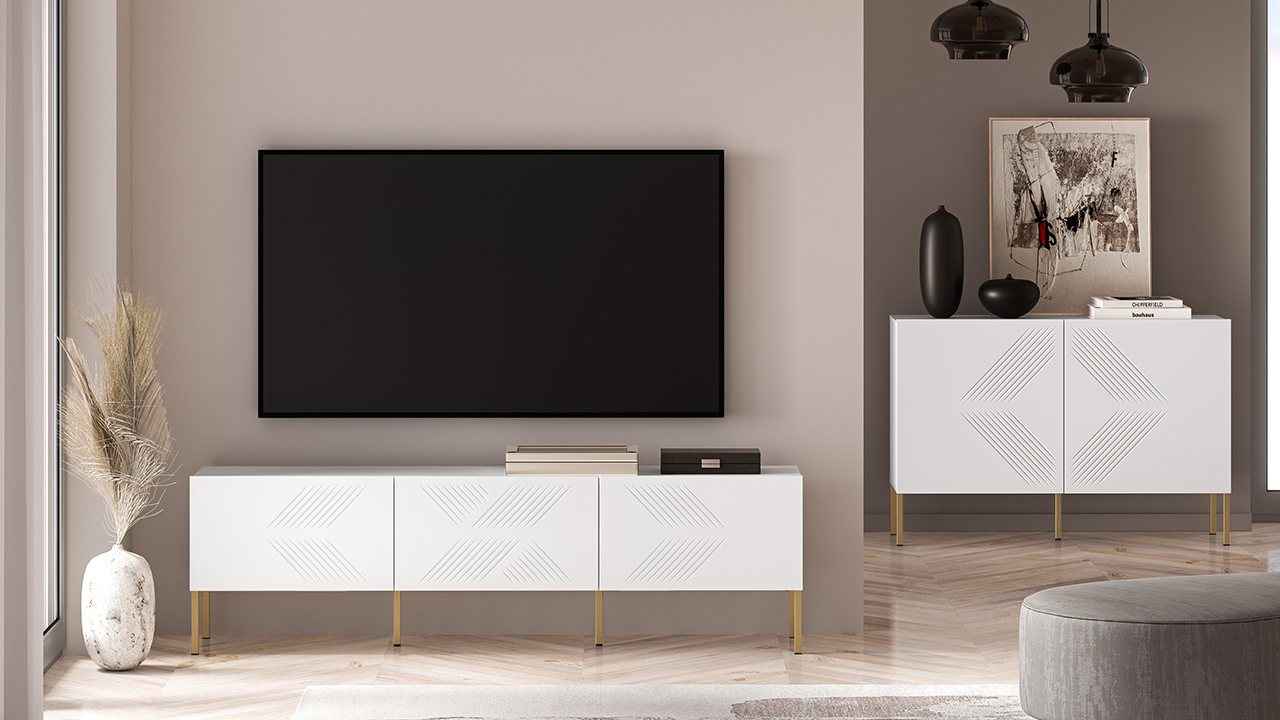 TV spintelė CLARI, aukso kojelės, 170x37x50 cm