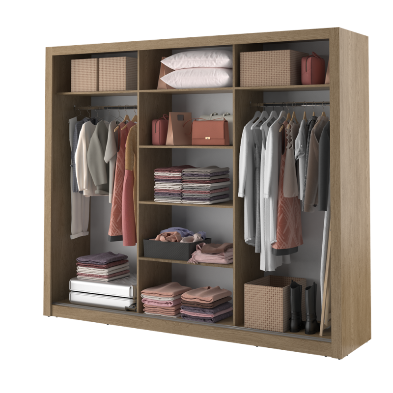 Trijų durų spinta su veidrodžiais APER, ąžuolo, 250x60x215 cm