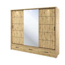 Trijų durų spinta su veidrodžiu APER, šviesaus ąžuolo, 250x63x215 cm