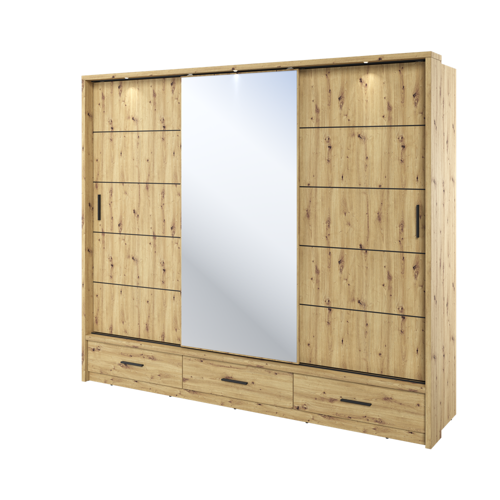 Trijų durų spinta su veidrodžiu APER, šviesaus ąžuolo, 250x63x215 cm
