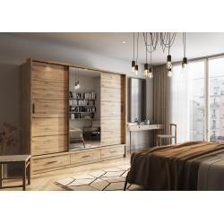 Trijų durų spinta su veidrodžiu APER, šviesaus ąžuolo, 250x63x215 cm