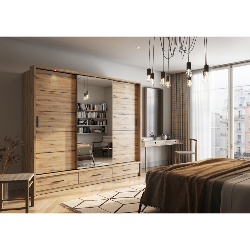 Trijų durų spinta su veidrodžiu APER, šviesaus ąžuolo, 250x63x215 cm