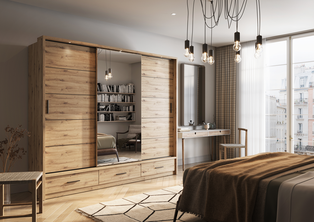 Trijų durų spinta su veidrodžiu APER, šviesaus ąžuolo, 250x63x215 cm