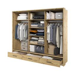 Trijų durų spinta su veidrodžiu APER, šviesaus ąžuolo, 250x63x215 cm