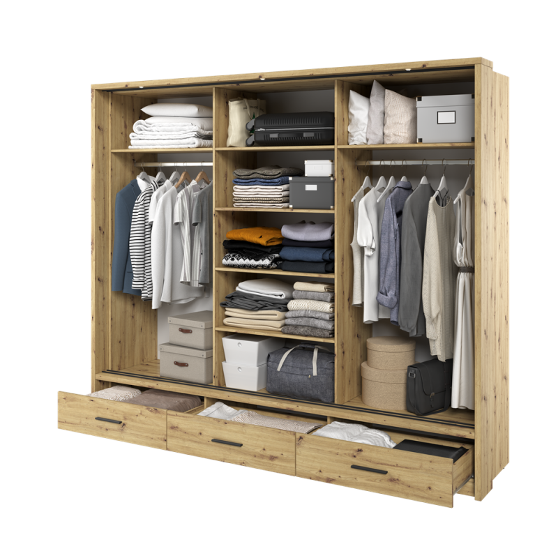 Trijų durų spinta su veidrodžiu APER, šviesaus ąžuolo, 250x63x215 cm