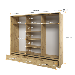 Trijų durų spinta su veidrodžiu APER, šviesaus ąžuolo, 250x63x215 cm
