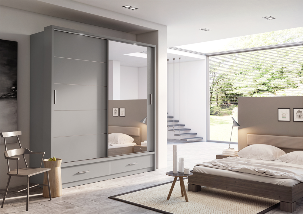 Dvidurė spinta su veidrodžiu ART, pilka, 200x63x215 cm