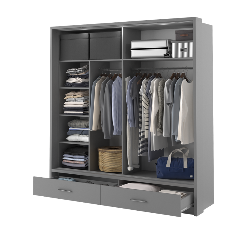 Dvidurė spinta su veidrodžiu ART, pilka, 200x63x215 cm