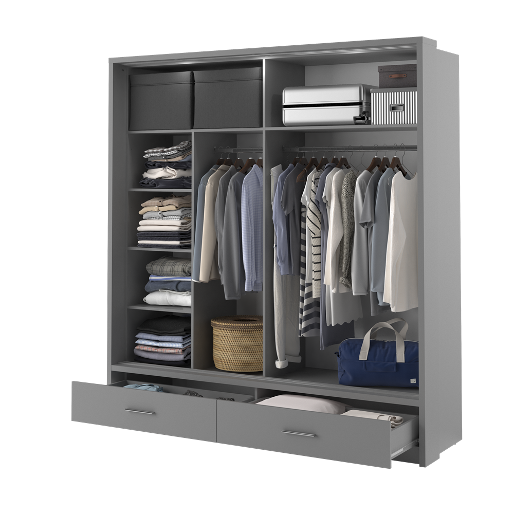 Dvidurė spinta su veidrodžiu ART, pilka, 200x63x215 cm