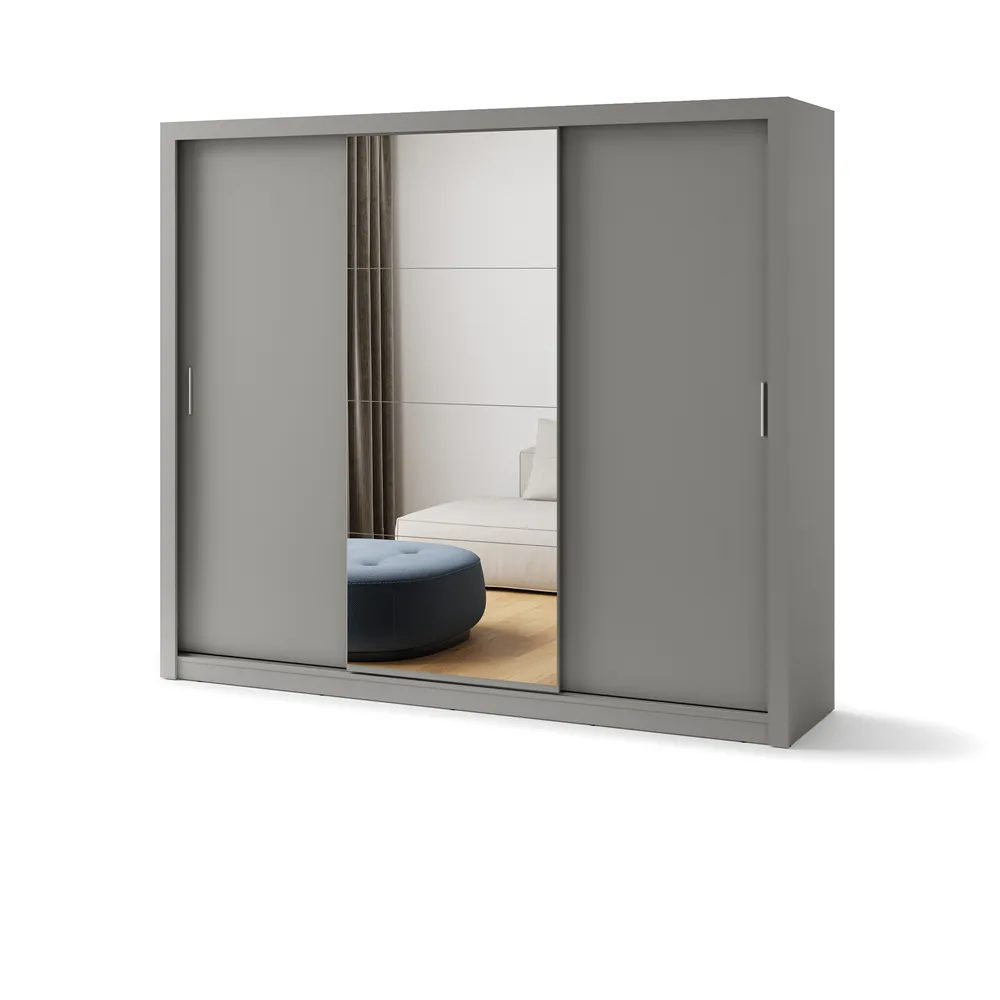 Trijų durų spinta su veidrodžiu TIVOL, pilka, 250x60x215 cm