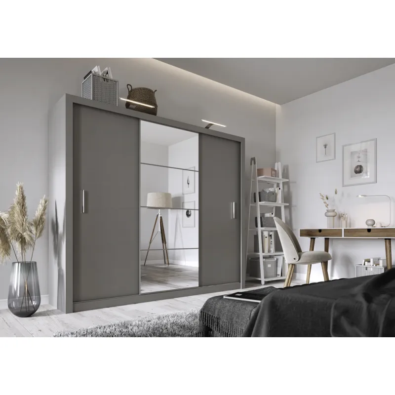 Trijų durų spinta su veidrodžiu TIVOL, pilka, 250x60x215 cm