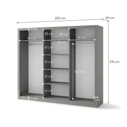 Trijų durų spinta su veidrodžiu TIVOL, pilka, 250x60x215 cm