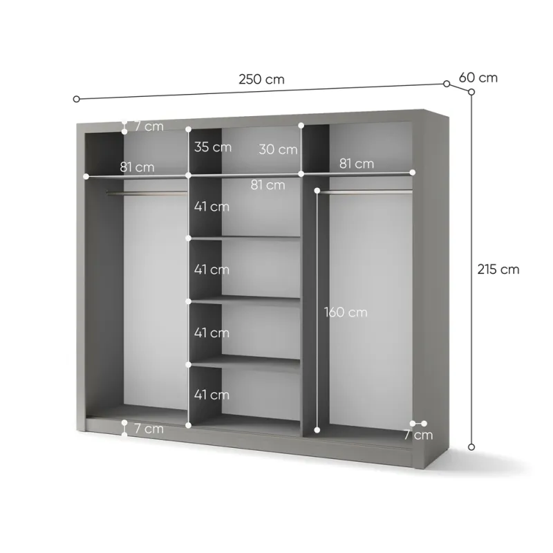 Trijų durų spinta su veidrodžiu TIVOL, pilka, 250x60x215 cm