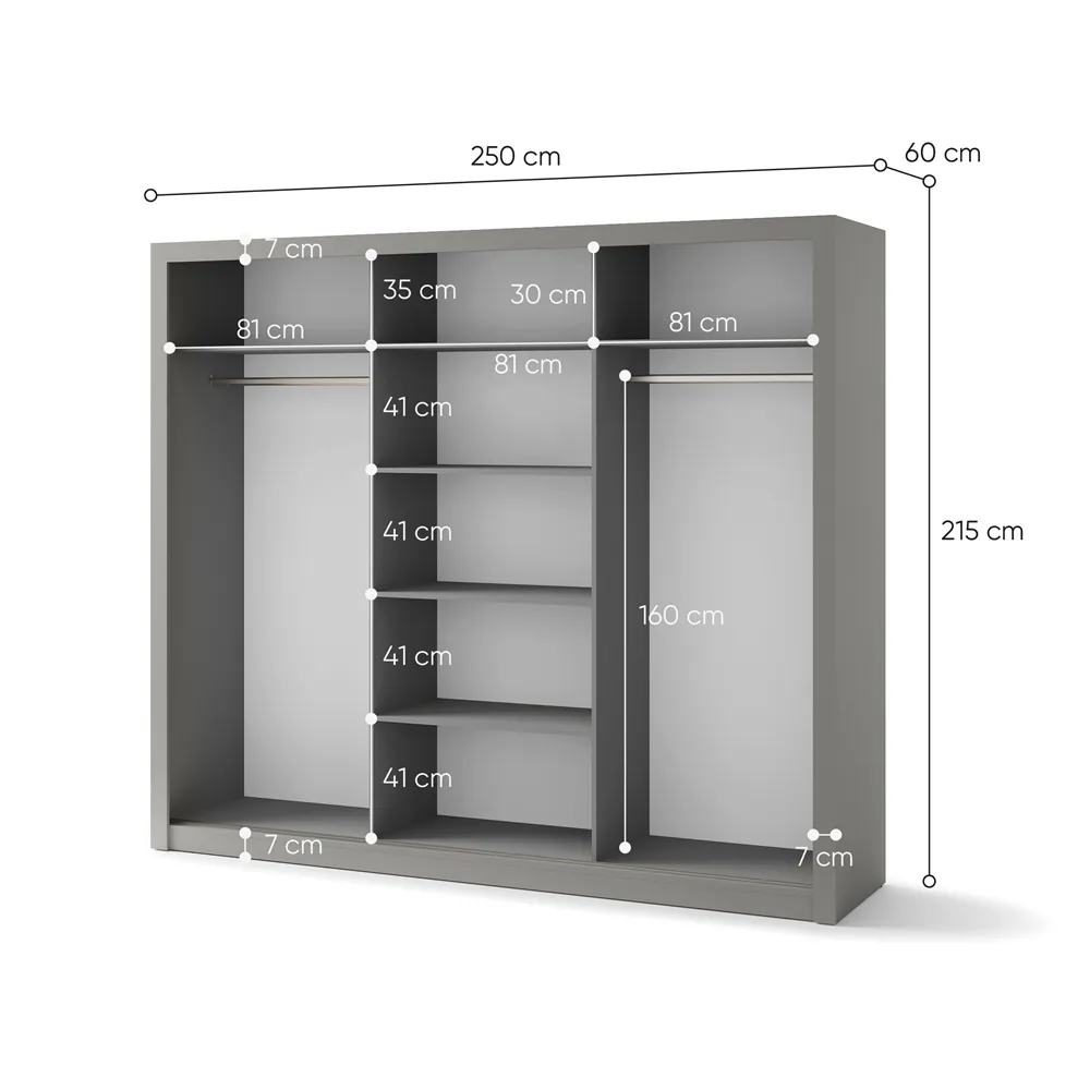 Trijų durų spinta su veidrodžiu TIVOL, pilka, 250x60x215 cm
