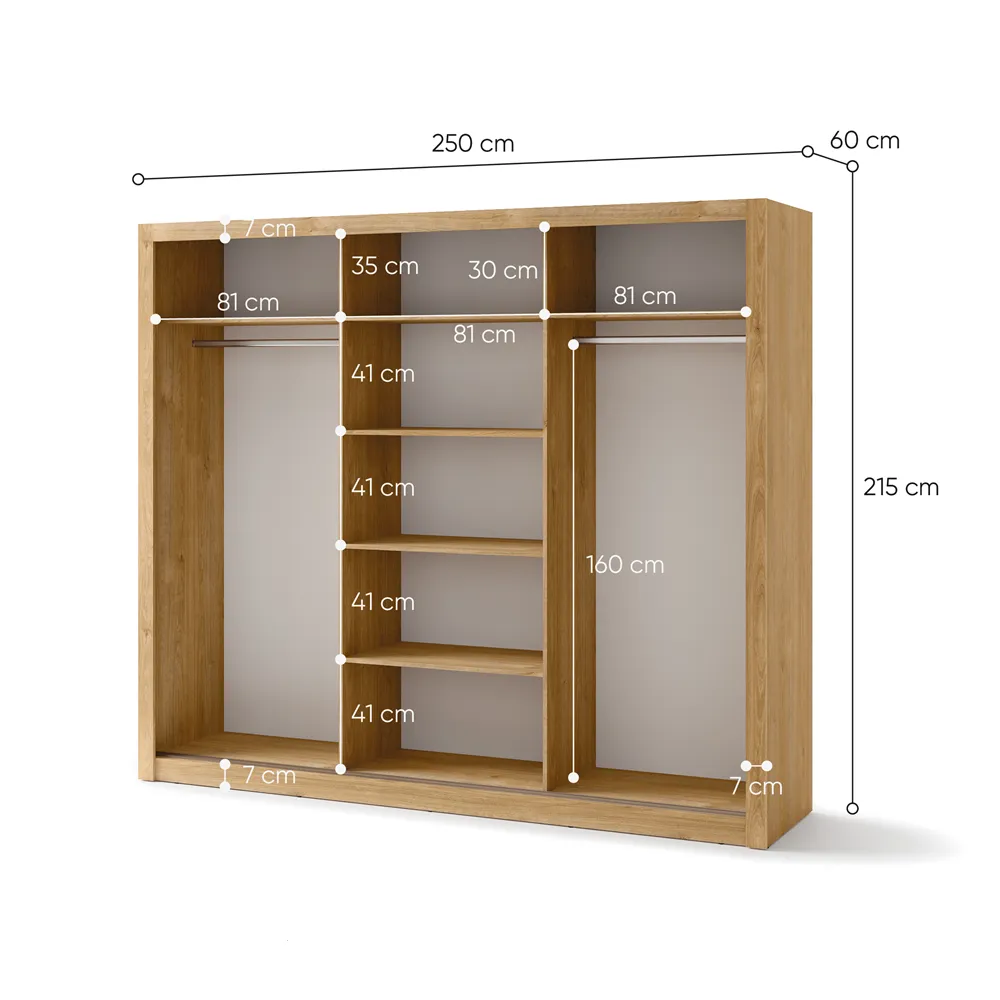 Trijų durų spinta su veidrodžiu TIVOL, ąžuolo, 250x60x215 cm
