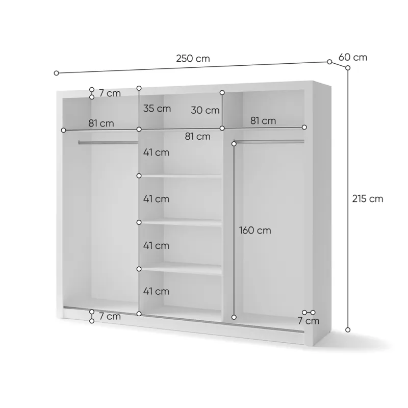 Trijų durų spinta su veidrodžiu TIVOL, balta, 250x60x215 cm