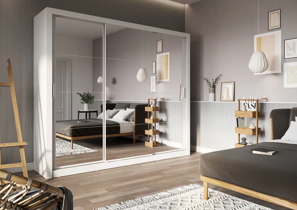 Trijų veidrodinių durų spinta TIVOL, balta, 250x60x215 cm