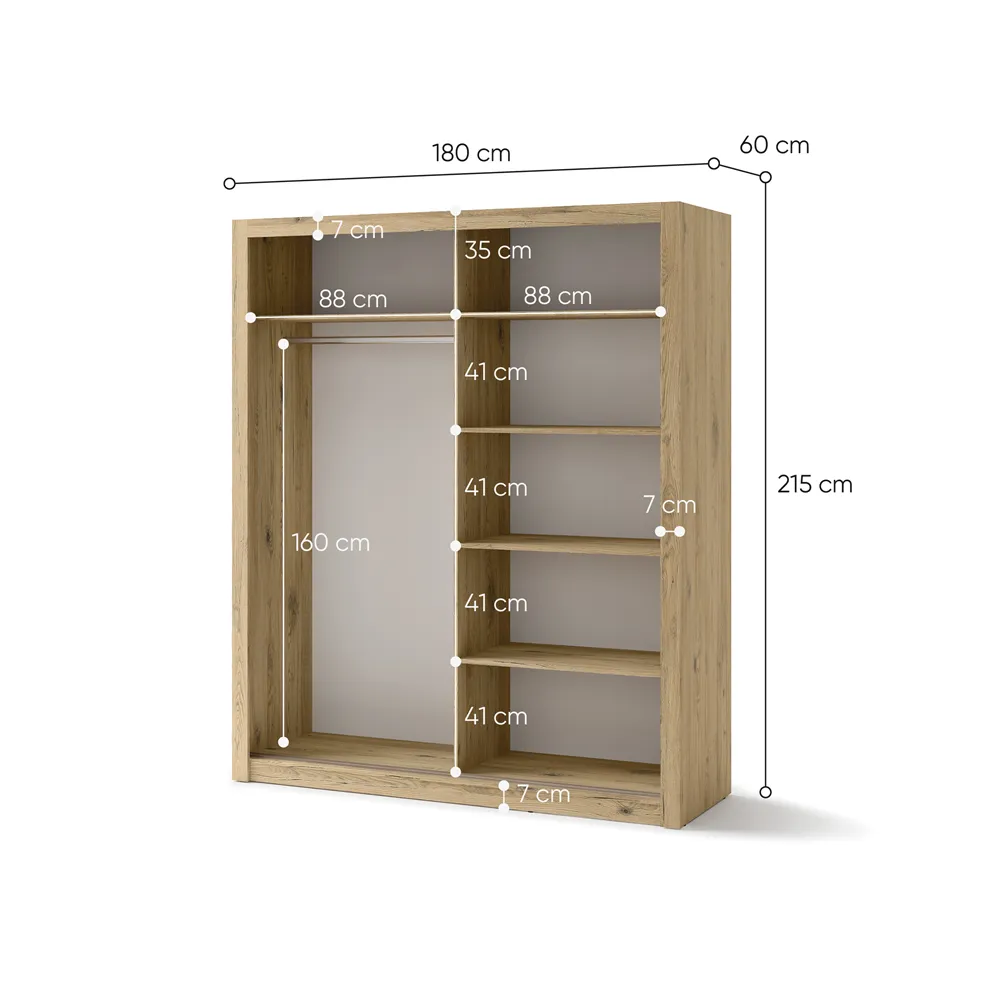 Dviejų durų spinta su veidrodžiais TIVOL, šviesaus ąžuolo, 180x60x215 cm