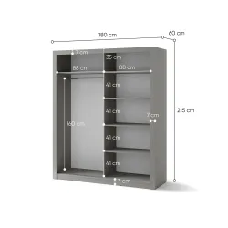 Dviejų durų spinta su veidrodžiu TIVOL, pilka, 180x60x215 cm