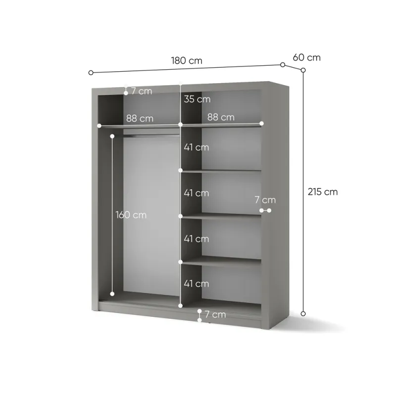 Dviejų durų spinta su veidrodžiu TIVOL, pilka, 180x60x215 cm
