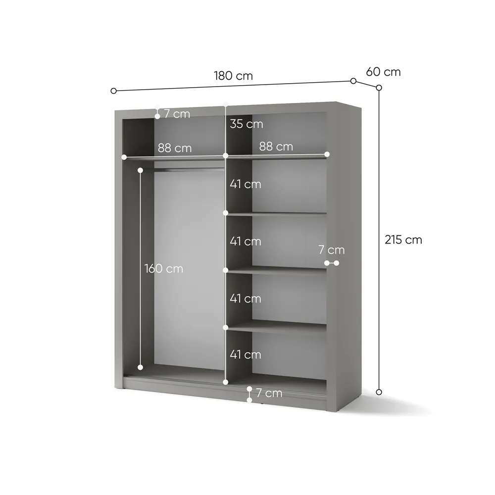 Dviejų durų spinta su veidrodžiu TIVOL, pilka, 180x60x215 cm