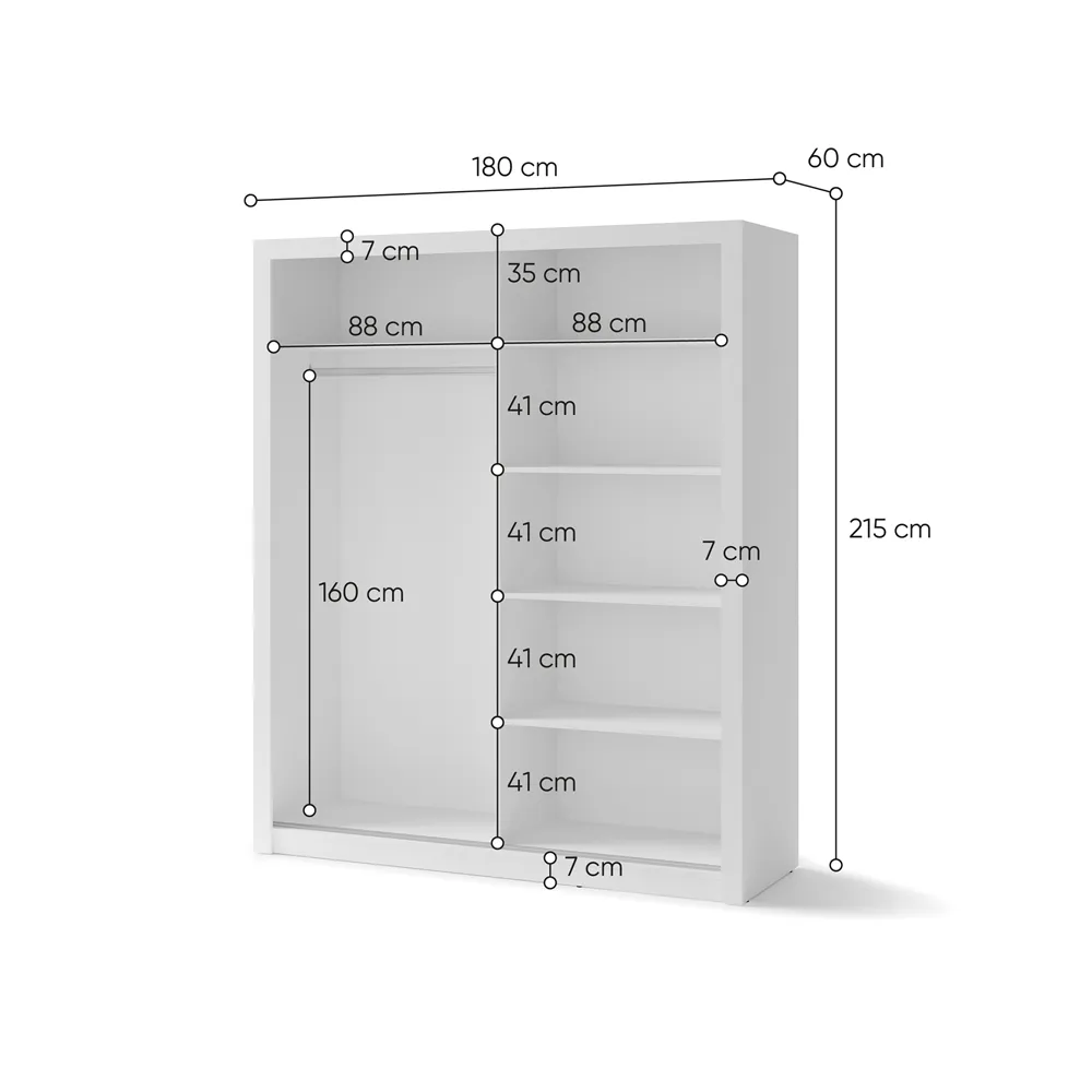 Dviejų durų spinta su veidrodžiu TIVOL, balta, 180x60x215 cm