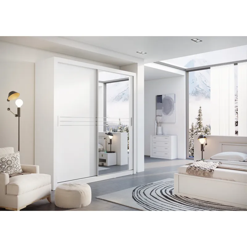 Stumdomų durų spinta su veidrodžiu TIVOL, balta, 203x60x215 cm