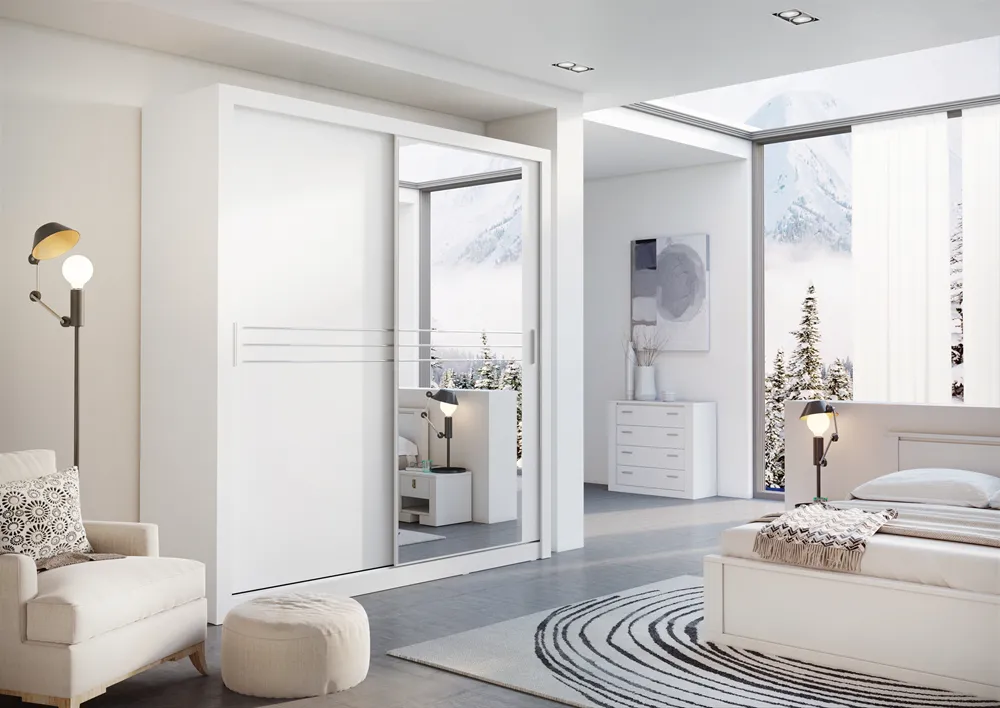 Stumdomų durų spinta su veidrodžiu TIVOL, balta, 203x60x215 cm