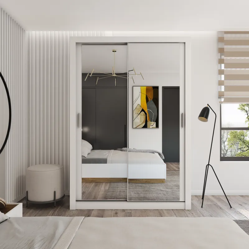 Stumdomų durų spinta su veidrodžiais TIVOL, balta, 150x60x215 cm