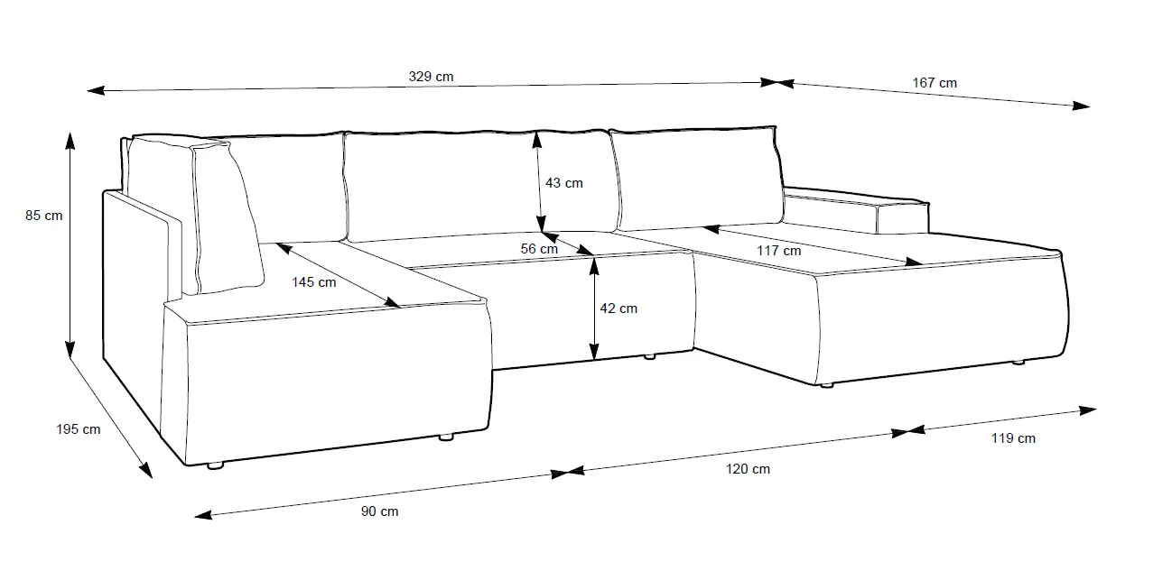 U formos kampas FIORI U2, kairinis/dešininis, 329x167x85 cm