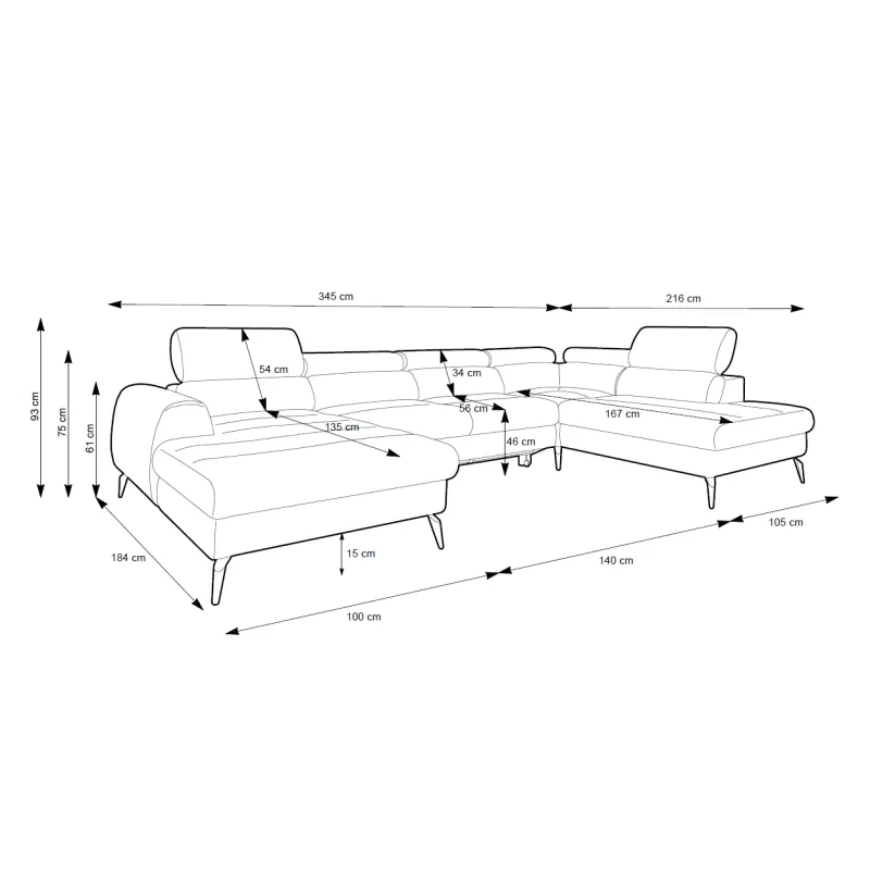 U formos minkštas kampas JAZZY U, kairinis/dešininis, 345x216x93 cm