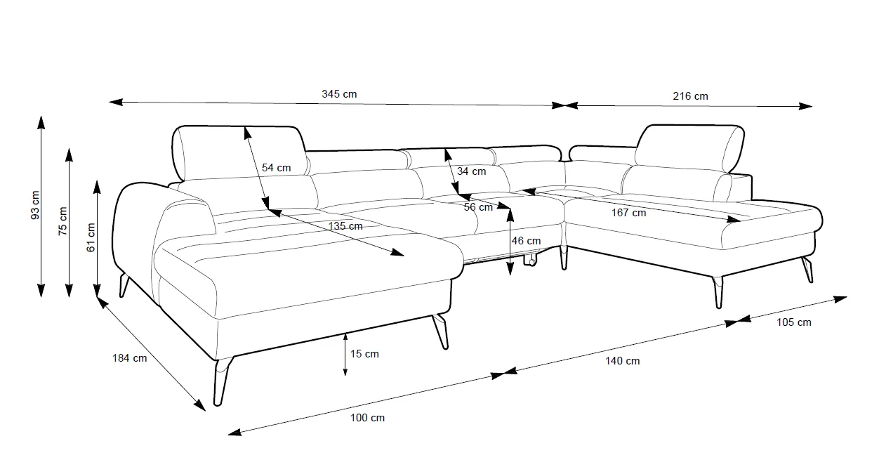 U formos minkštas kampas JAZZY U, kairinis/dešininis, 345x216x93 cm