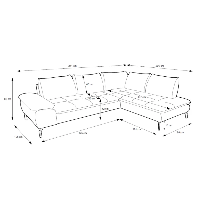 Minkštas kampas VESPO L, kairinis/dešinis, 271x206x82 cm