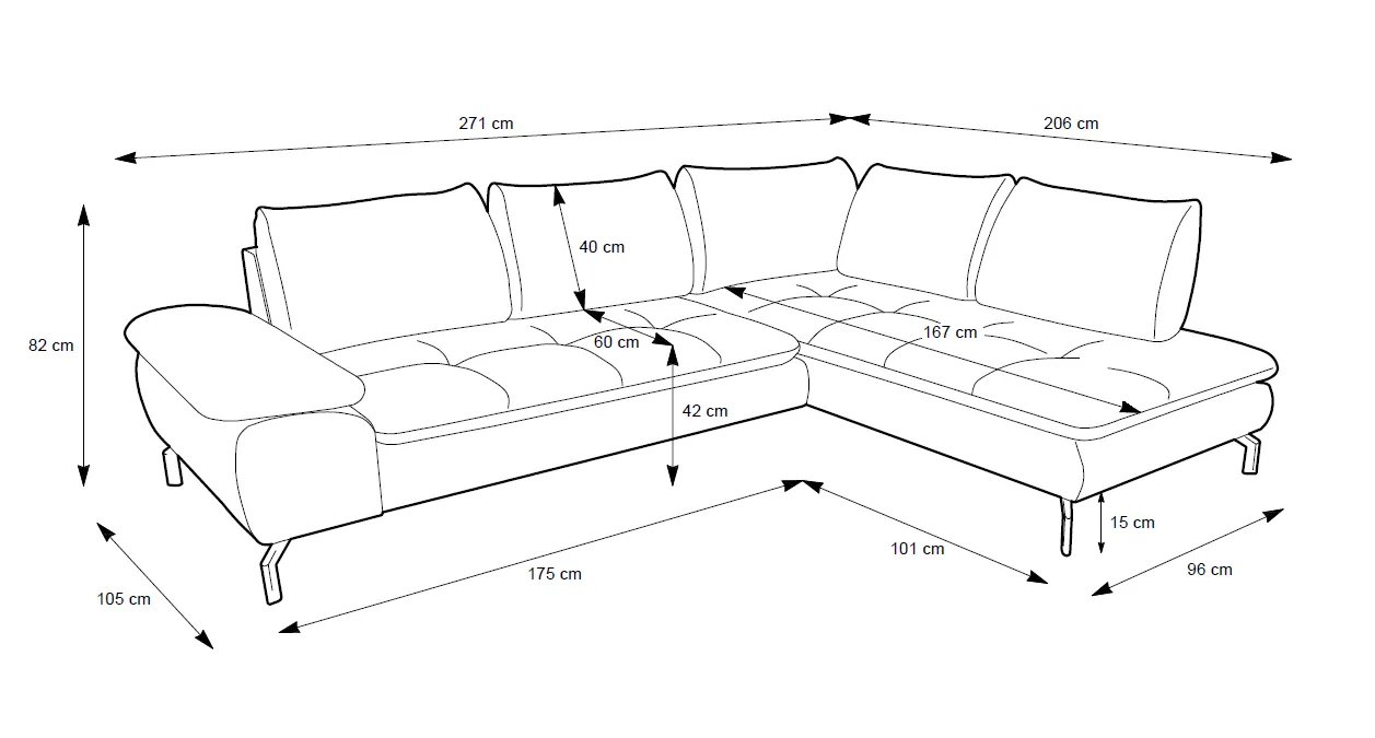Minkštas kampas VESPO L, kairinis/dešinis, 271x206x82 cm