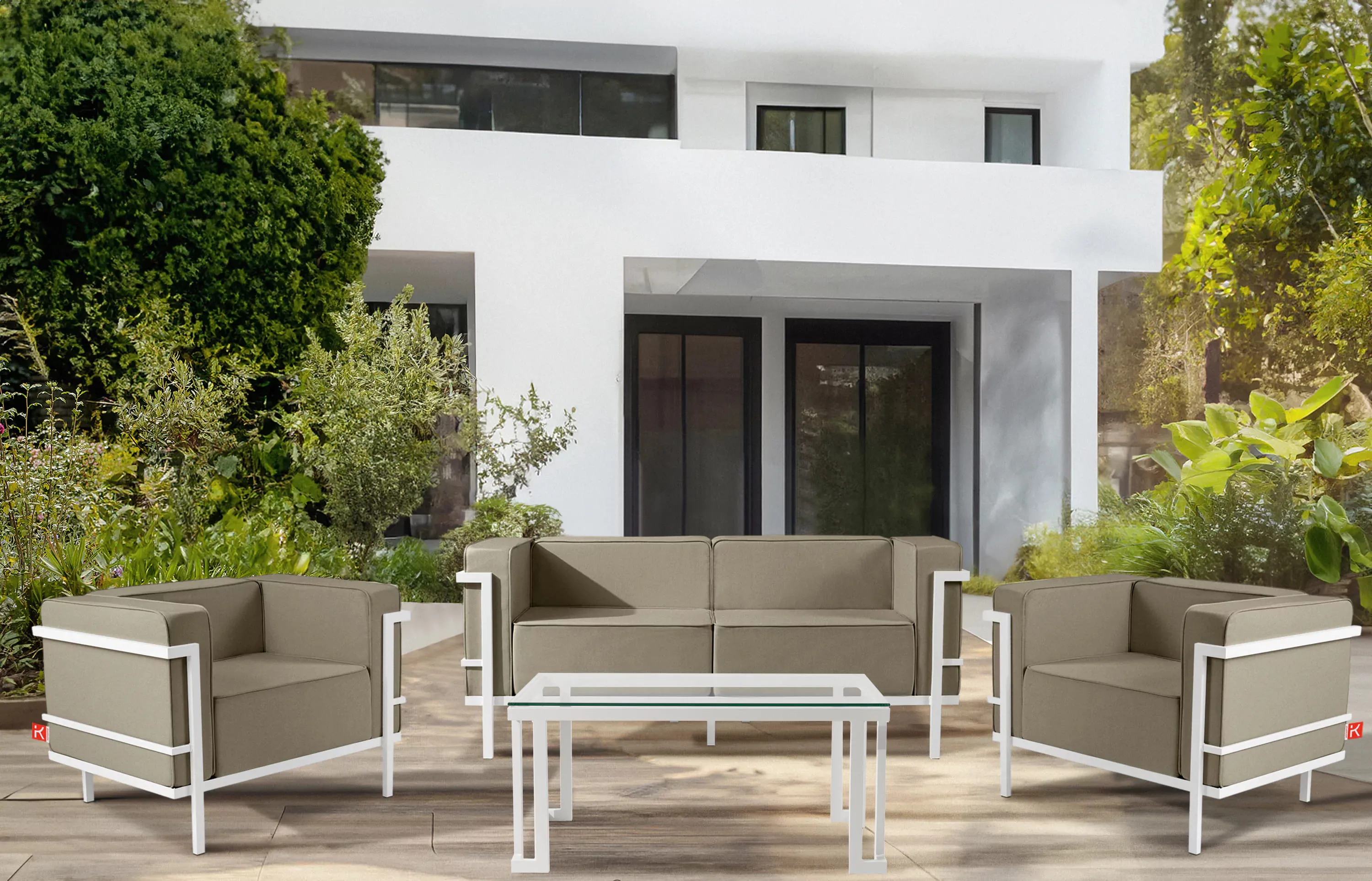 Lauko sofa TRIGO 2, balta/smėlio, 164x69x70 cm