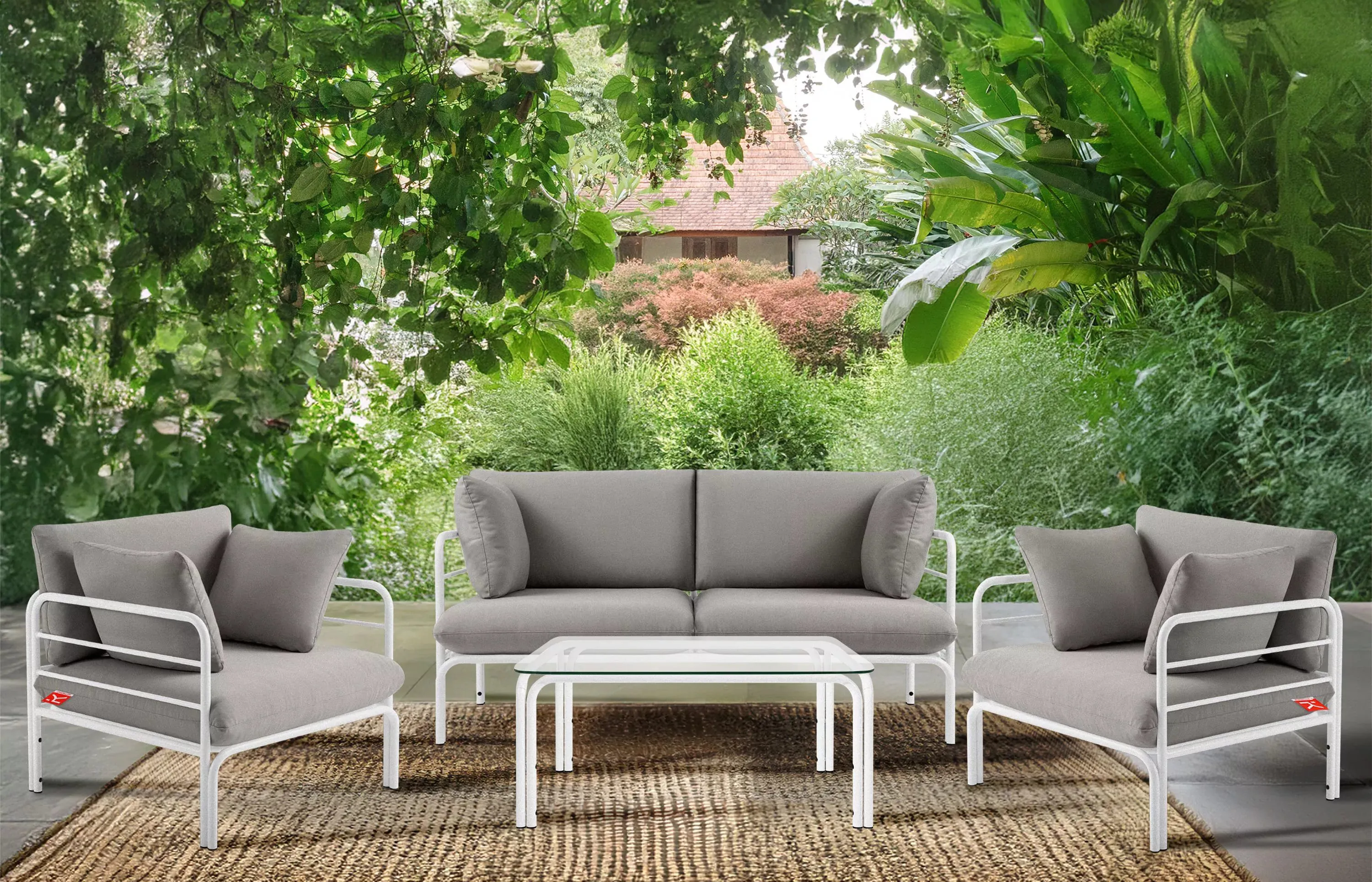 Lauko sofa RAMBI 2, balta/pilka, 150x80x80 cm