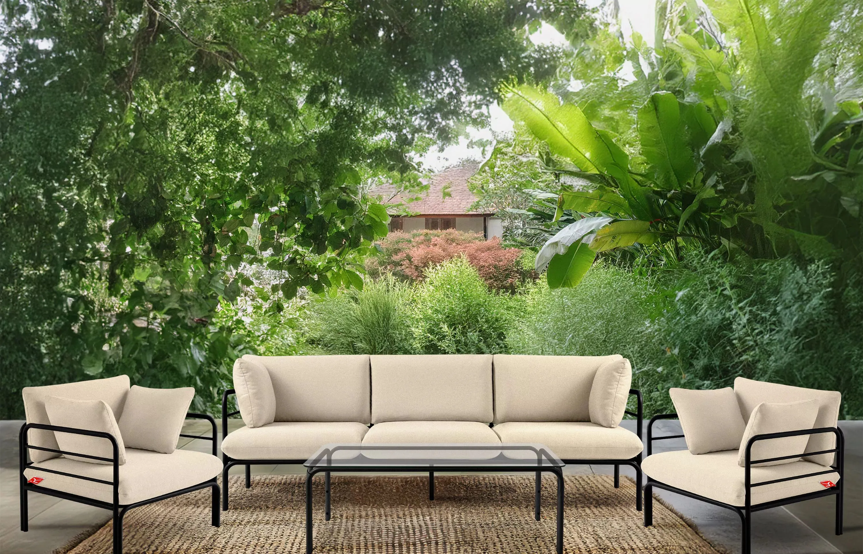 Lauko sofa RAMBI 3, juoda/kreminė, 225x80x80 cm