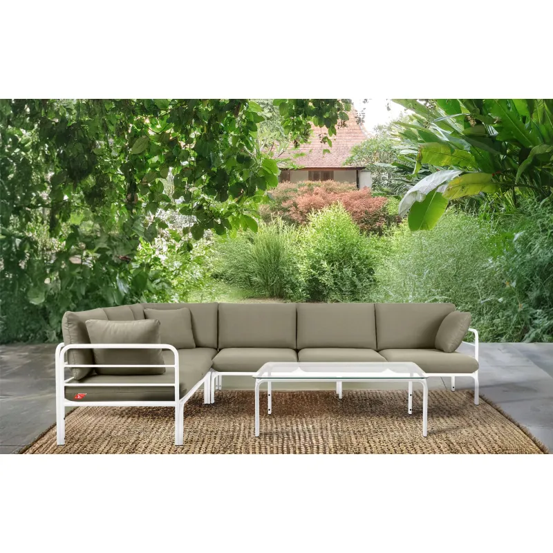 Kampinė lauko sofa RAMBI, balta/smėlio, 304x229x80 cm