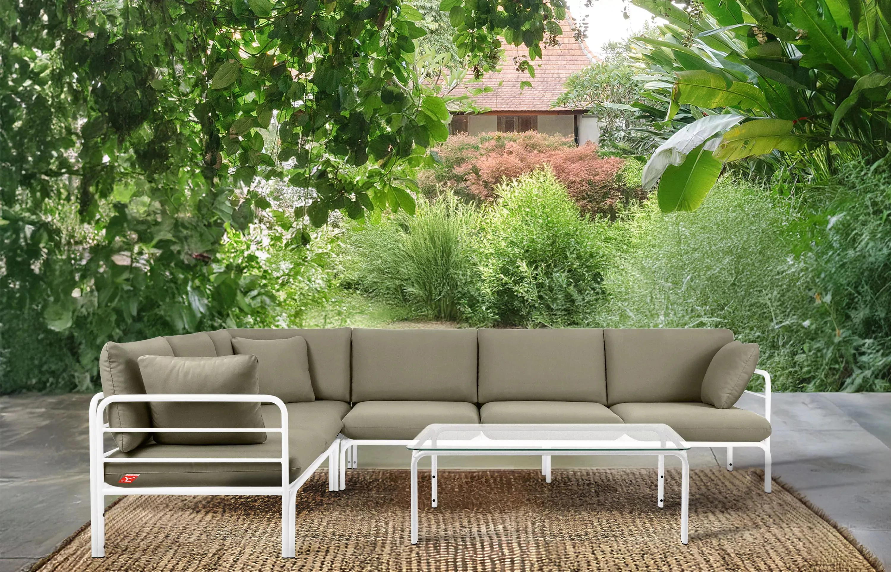 Kampinė lauko sofa RAMBI, balta/smėlio, 304x229x80 cm